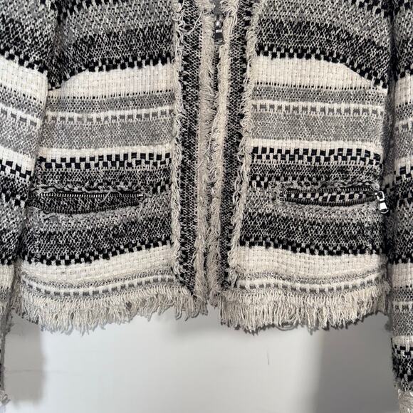 Rebecca Taylor Size 6 Fringe Tweed Jacket Black Gray White Bouclé Blazer cotton - Picture 5 of 13